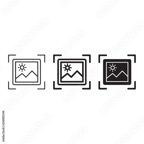 Set of three picture frame landscape mountain sun icons with focus square brackets vector file.