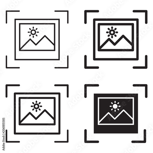 Set of four simple black and white photography picture frame icons with landscape vector design.