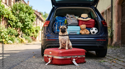 Pug dog sitting on red suitcase beside car packed for road trip