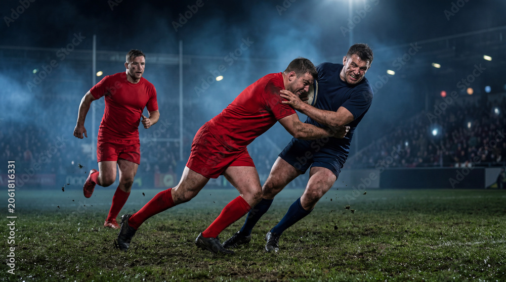 Naklejka premium Rugby players in red and navy kits tackling during intense night match
