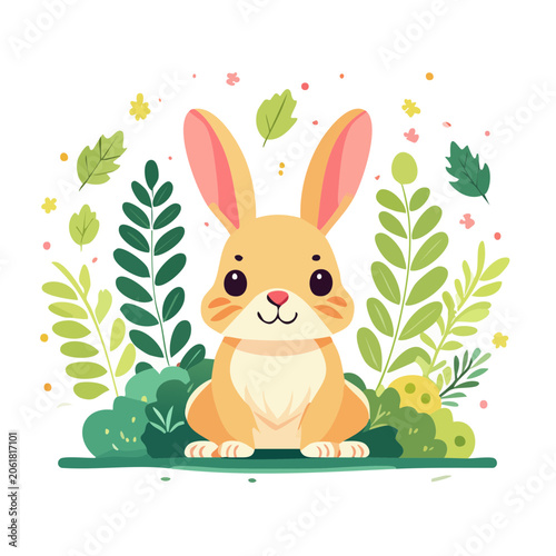 Cute cartoon rabbit with green foliage illustration