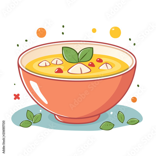 Flat design illustration of a bowl of soup with garnish