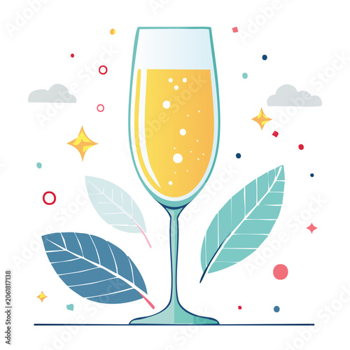 Flat design champagne glass with decorative elements