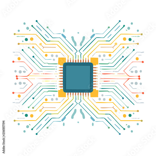 Flat design illustration of a microprocessor chip on a circuit board