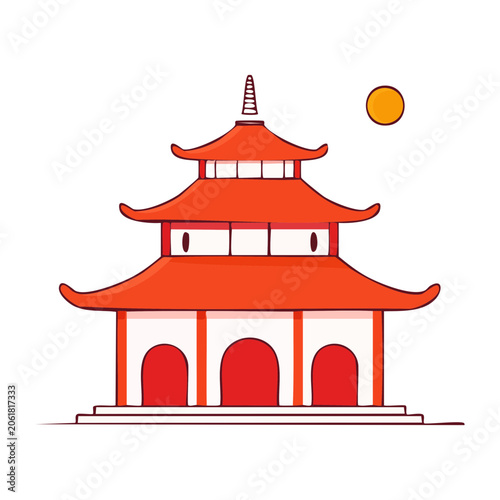 Red Chinese Pagoda Illustration with Sun