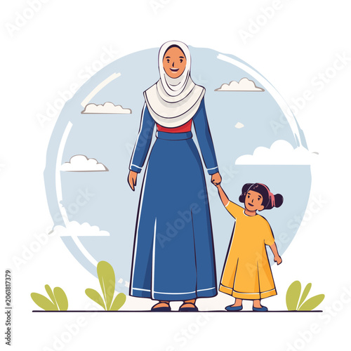 Woman and child holding hands in flat vector style