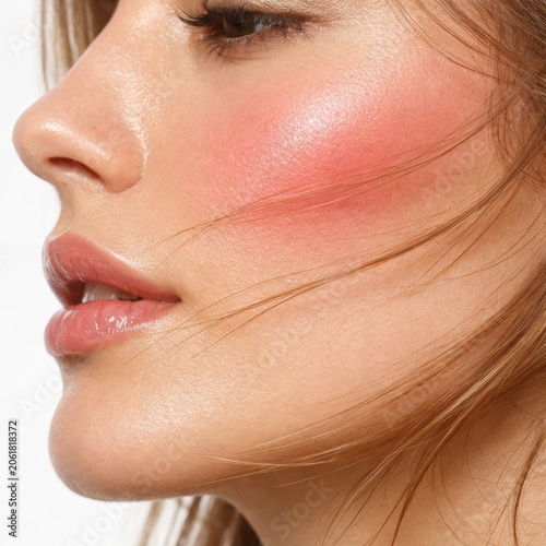 A close-up portrait of a woman with pink blush