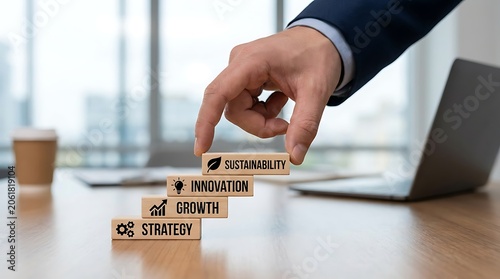 Hand placing a wooden block labeled sustainability on a stack with innovation, growth, and strategy in office