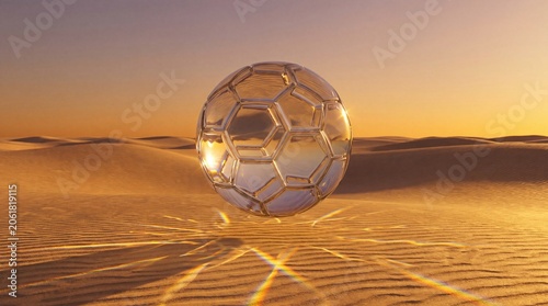 Futuristic Sports Concept with Golden Soccer Ball Floating in Desert Sand Landscape