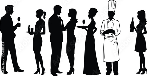 Obraz na plátně Hospitality Staff and Restaurant Guests Silhouette Set with Waiters Chef Caterin