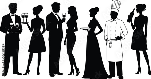 Billede på lærred Restaurant Staff and Elegant Guests Silhouette Collection with Waiters Chef Cate