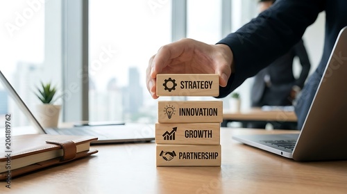 Hand placing a wooden block labeled strategy on a stack of blocks with innovation, growth, and partnership concepts