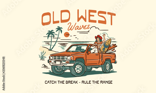 Photography Retro illustration of a cowgirl waving from a pickup truck with surfboards at a tropical beach
