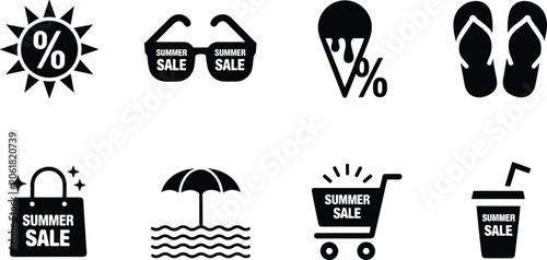 Photography Collection of eight black summer sale icons including sun ice cream and shopping