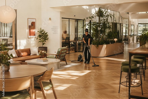 Woman cleaner using vacuum cleaner in modern office interior. Professional janitor performing maintenance task during work day. Corporate facility hygiene and building maintenance service.