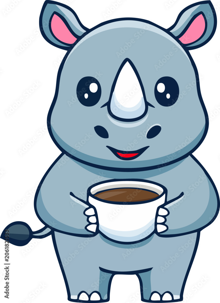 Fototapeta premium A cute cartoon rhino holding a coffee cup. The rhino is grey with pink ears and a white horn. It has large, dark eyes and a small smile, appearing happy and relaxed