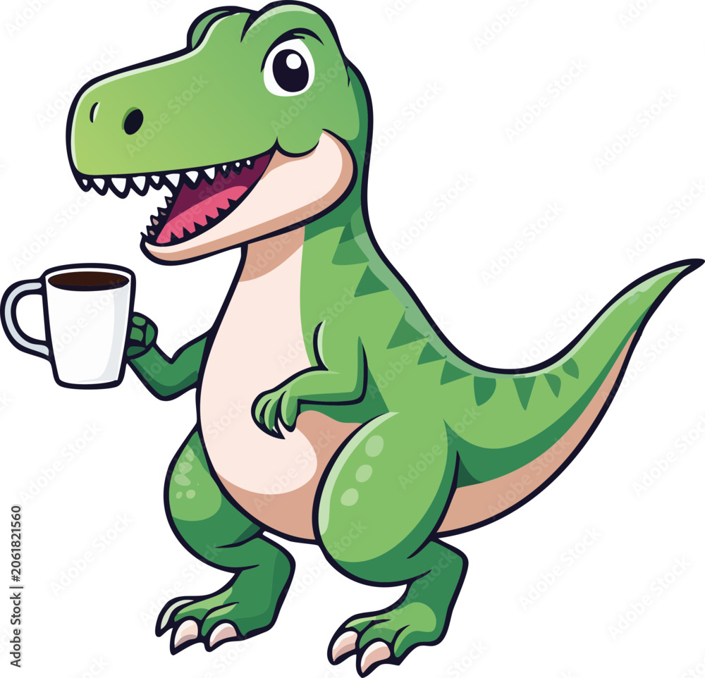 Obraz premium A cute green dinosaur holding a cup of coffee. It looks happy and ready for the day