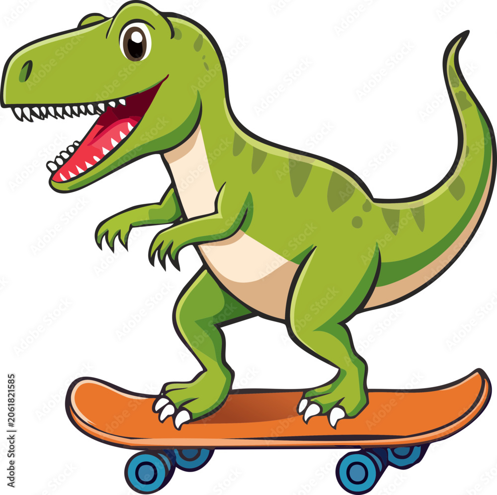 Fototapeta premium A cartoon T-Rex dinosaur riding a skateboard with a happy expression and its mouth open