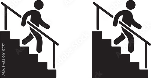 Person walking down stairs icon, vector illustration of a man descending a staircase with a handrail