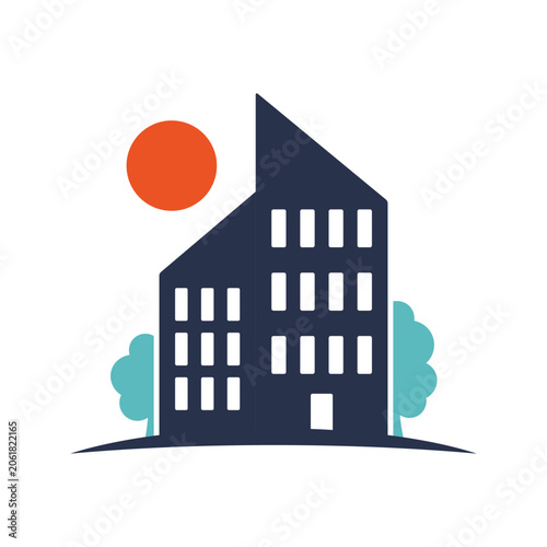 City icon. Houses, trees, sun. Colored silhouette. Front view. Vector simple flat graphic illustration. Isolated object on a white background.