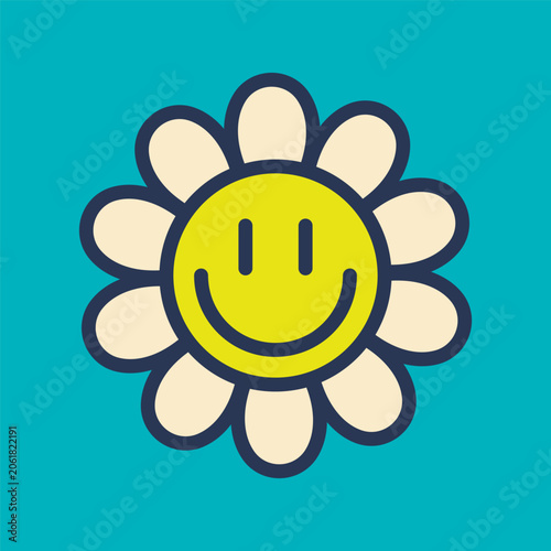 Cute smiling flower icon. Colored outline linear silhouette. Editable strokes. Front view. Vector simple flat graphic illustration. Isolated object on a green background.