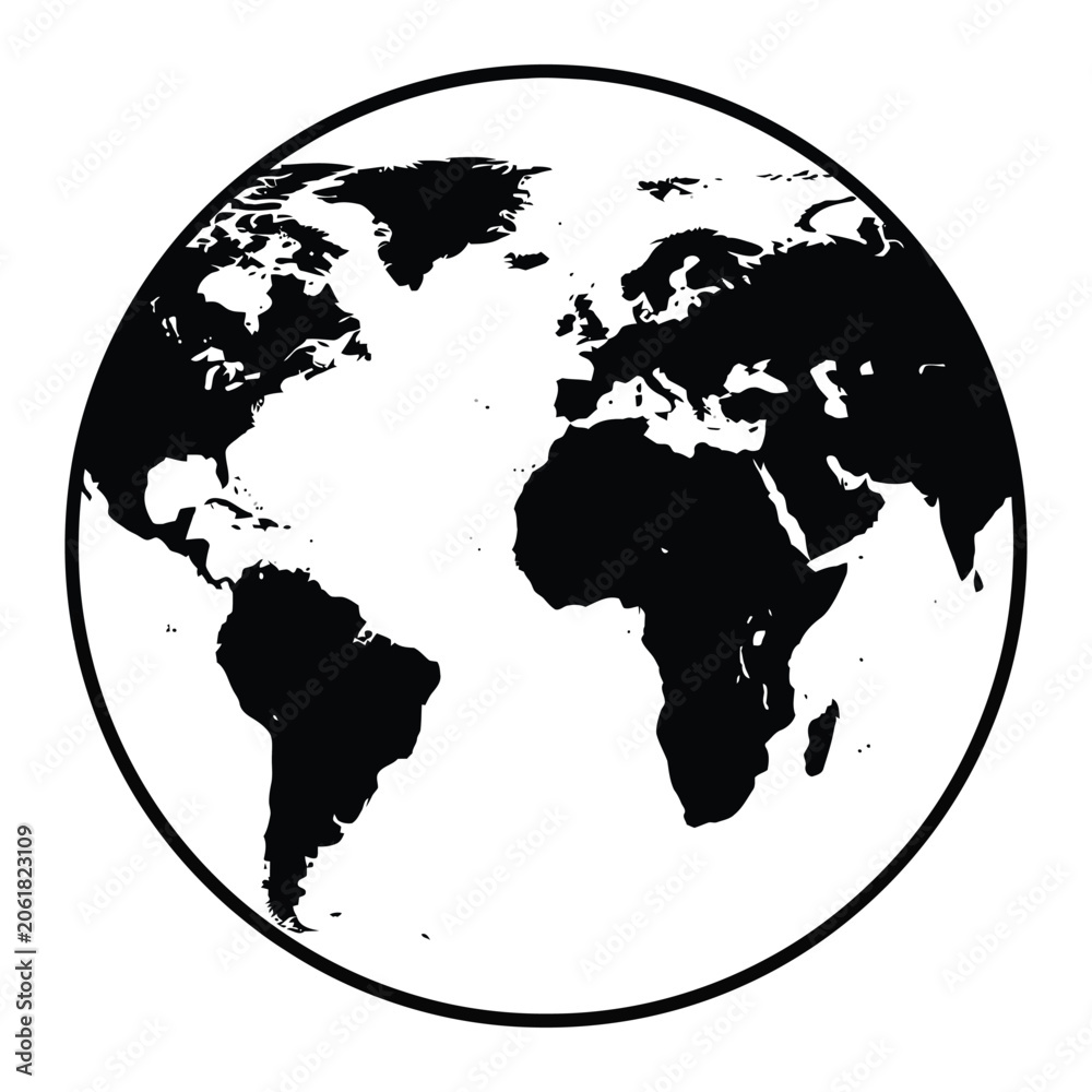Obraz premium Black and white globe icon with world map silhouette