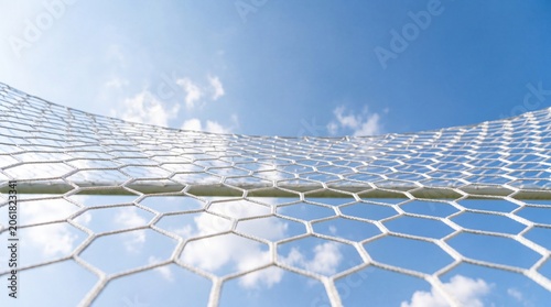 Close Up of White Soccer Goal Net Grid with Blue Sky Background