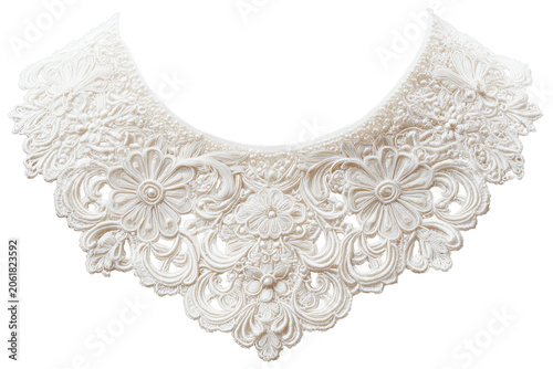 Vintage white lace collar with intricate floral embroidery, elegant garment accessory isolated on white background, Clipping Path, png