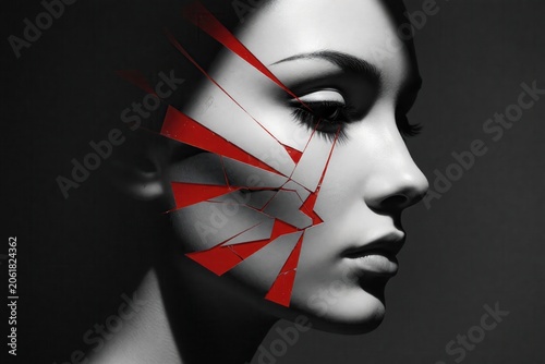Black and white surreal portrait with red geometric fracture shards on dark background stylized woman side profile 