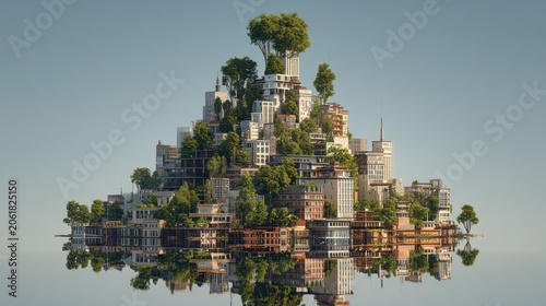 Eco-friendly city skyline with lush trees integrated into buildings reflecting on calm water during daytime