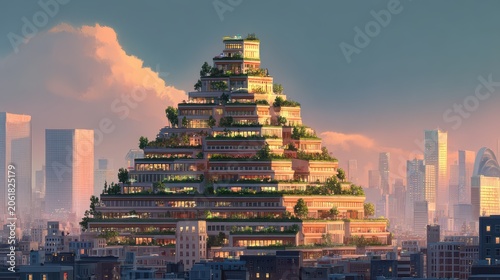 Pyramidical building with rooftop gardens and city skyline during sunset