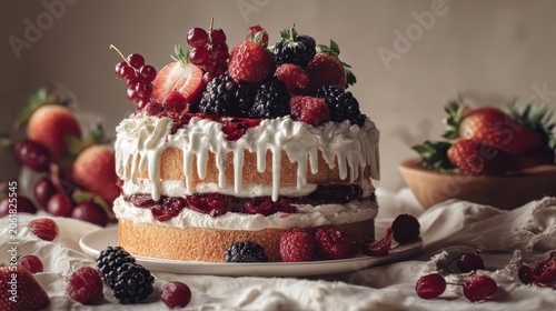 Delicious layered cake with fresh berries and whipped cream during soft studio lighting