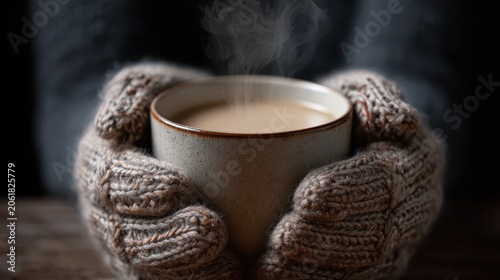 Warm beverage held in knitted mittens with steam rising during a cold day concept