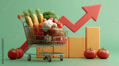 Grocery cart overflowing with fresh produce against a rising bar chart graph symbolizing food cost increase