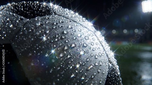 Continuous Macro Texture of Water Droplets Sparkling on Dark Black Soccer Ball Leather