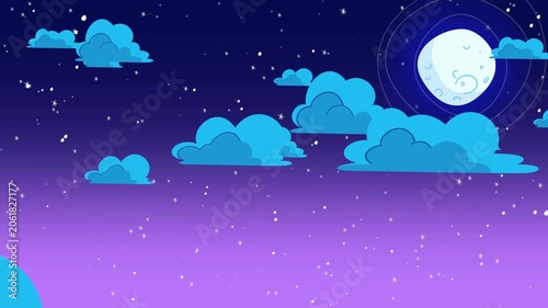 2D Animated Night Sky with Full Moon, Twinkling Stars and Moving Clouds