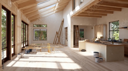 Stunning photo of Modern home interior under construction with large windows and wooden beams