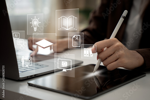 Concept of Online education. man use Online education training and e-learning webinar on internet for personal development and professional qualifications. Digital courses to develop new skills.