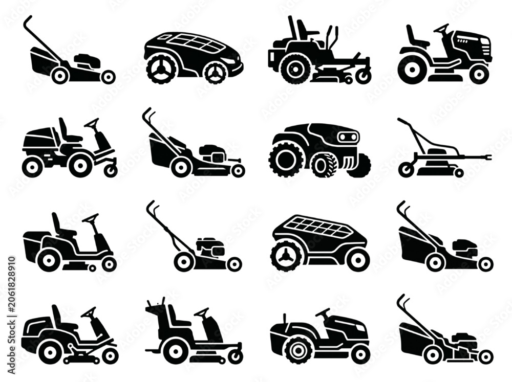 Fototapeta premium Set of Various Lawn Mower Machinery Vector Icons for CAD Engineering and Landscape Design Projects