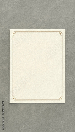 Blank Ivory Certificate Frame on Textured Gray Background Minimalist Flat Lay