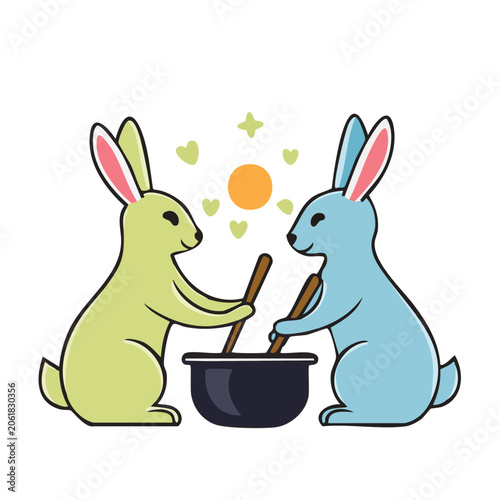 Cartoon Rabbits Cooking Together in a Pot