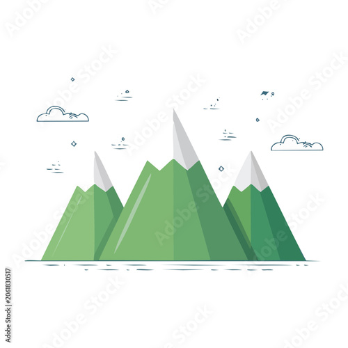 Flat design illustration of green mountain range with clouds
