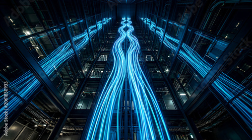 Futuristic data center server tower with glowing blue light streams