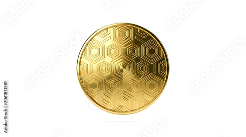 Floating gold cryptocurrency coin with geometric hexagonal pattern