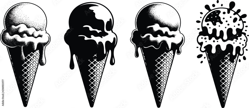 Fototapeta premium Four Black and White Illustrations of Ice Cream Cones with Dripping Toppings frozen dessert sweet