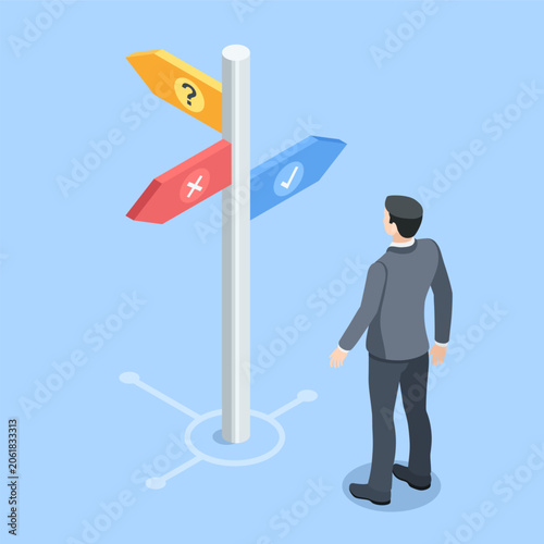 Isometric vector businessman standing at a crossroads in front of a post with signs pointing in different directions, in color on a blue background, choosing a path in business
