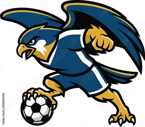 Eagle playing soccer vector illustration with blue and gold color scheme