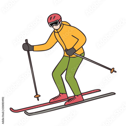 Cartoon skier in yellow jacket skiing with poles