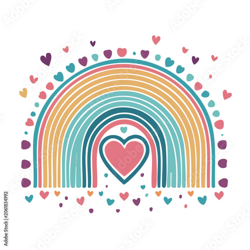 Colorful Rainbow Heart Illustration with Floating Hearts