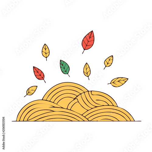 Flat Design Illustration of Hay Bales with Autumn Leaves